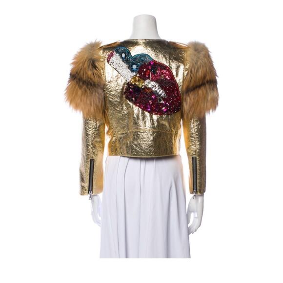 Marc Jacobs Fox Fur Leather Jacket Gold Sequin Lips disco retro M 6 - Picture 1 of 11